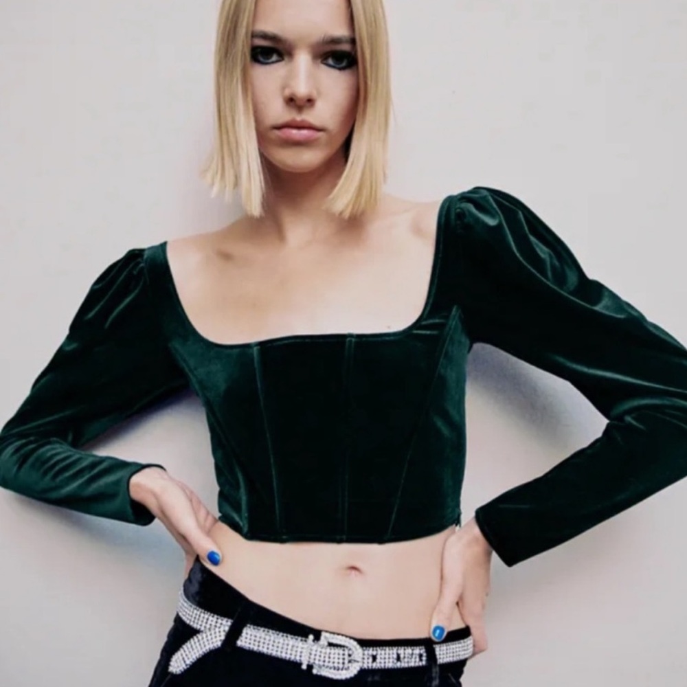 ZARA Women’s Size S Green Velvet Long Puff Sleeve Cropped Square-Neck Corset Top